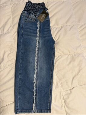 Smocked-Waist Straight-Leg cropped Jeans in Medium Blue with Fringe Trim